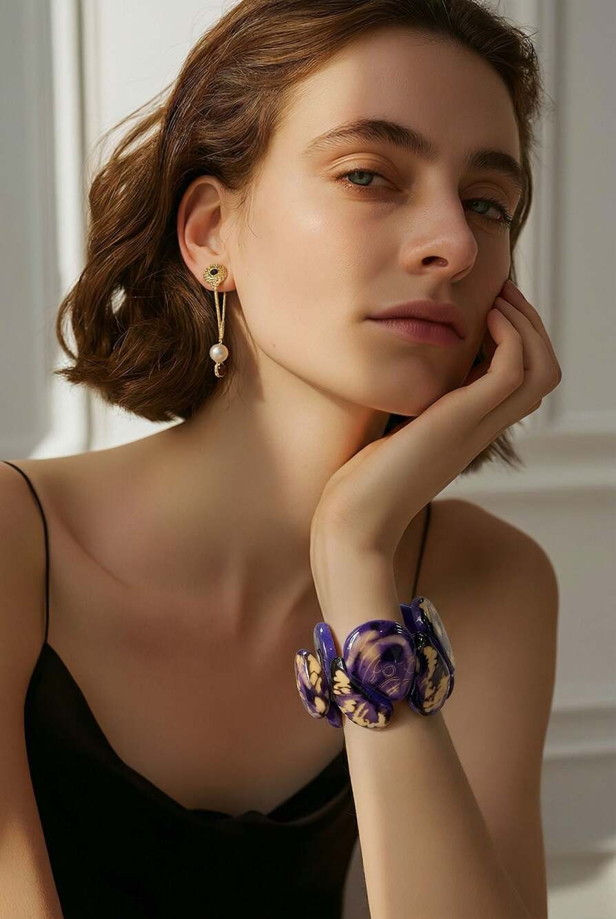 Vintage Purple Swirl Tagua Nut Jewelry Set - Chunky Stretch Bracelet, Statement